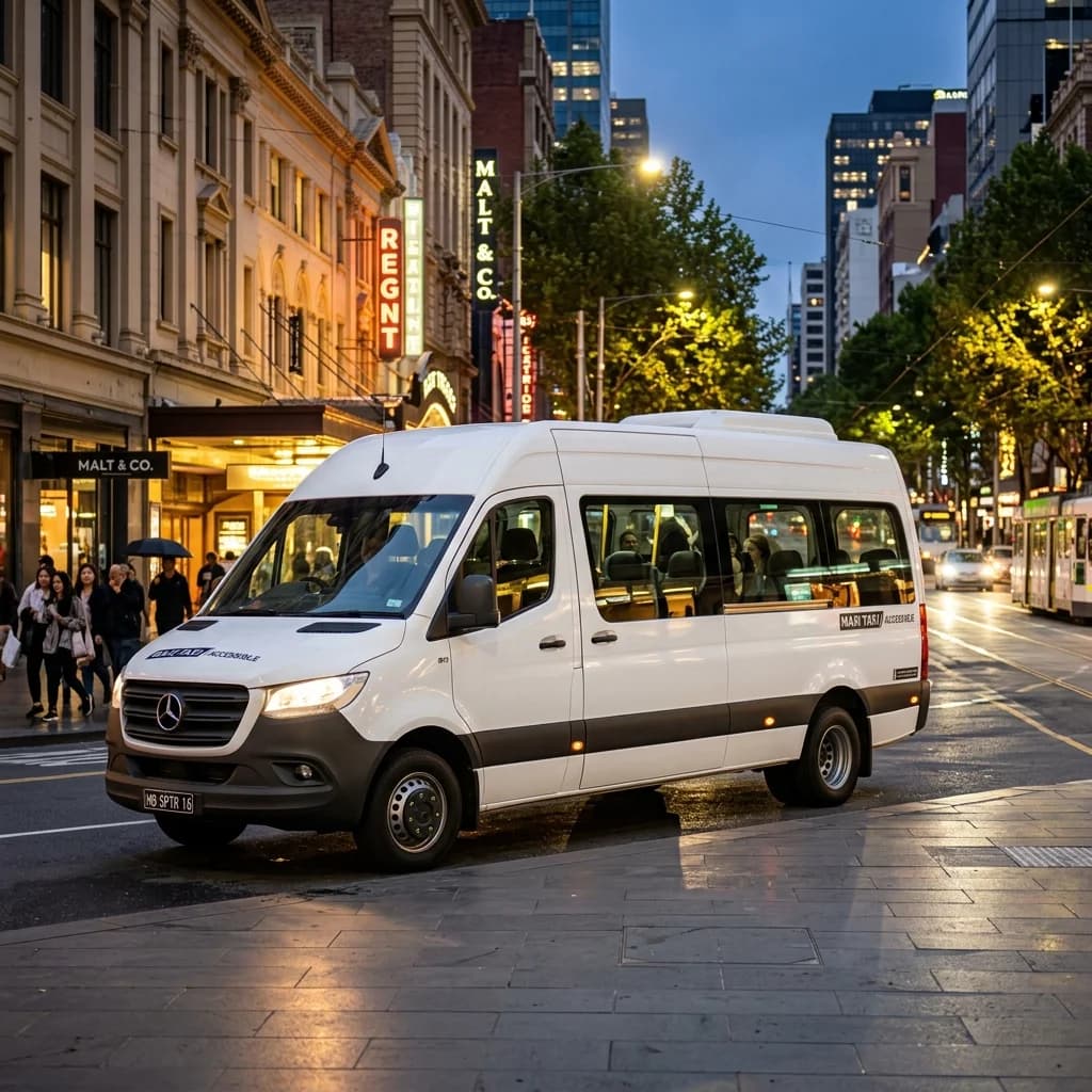 Mercedes Sprinter minibus on a city street at dusk